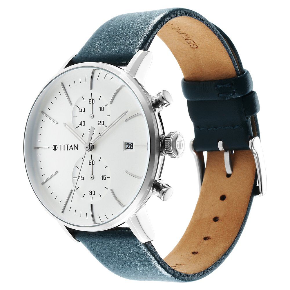 Titan Quartz Chronograph Silver Dial Leather Strap Watch for Men - The Watch Factory ®