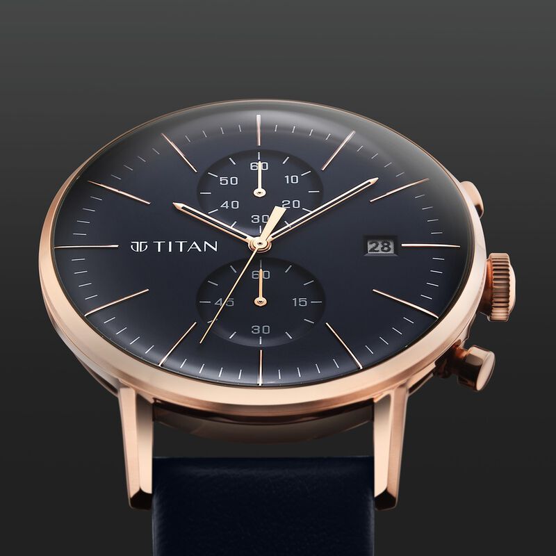 Titan Infinity Display Blue Dial Chronograph Leather Strap Watch For Men
