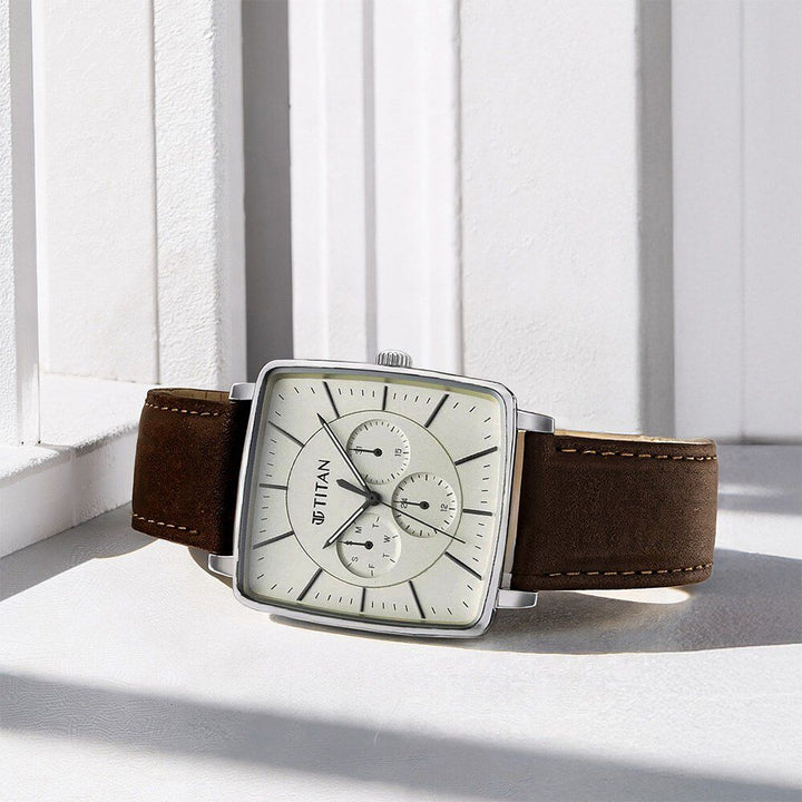 Titan Avant Garde Quartz Multifunction Silver Dial Leather Strap watch for Men-NT90147SL01