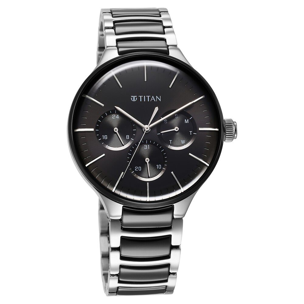 Titan Ceramic Fusion Quartz Multifunction Black Dial Silver Dual - Toned Stainless Steel Bracelet Watch for Men - The Watch Factory ®