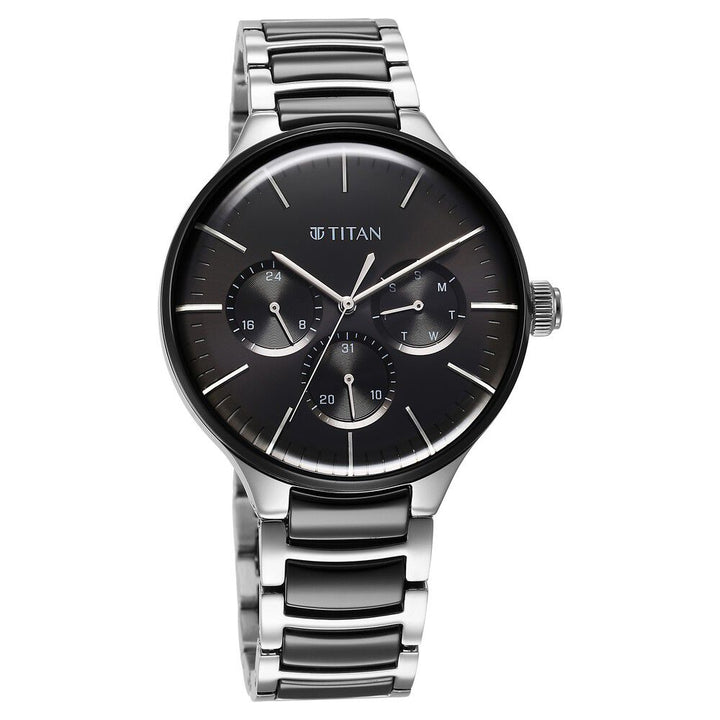 Titan Ceramic Fusion Quartz Multifunction Black Dial Silver Dual-Toned Stainless Steel Bracelet Watch for Men NS90148KD01