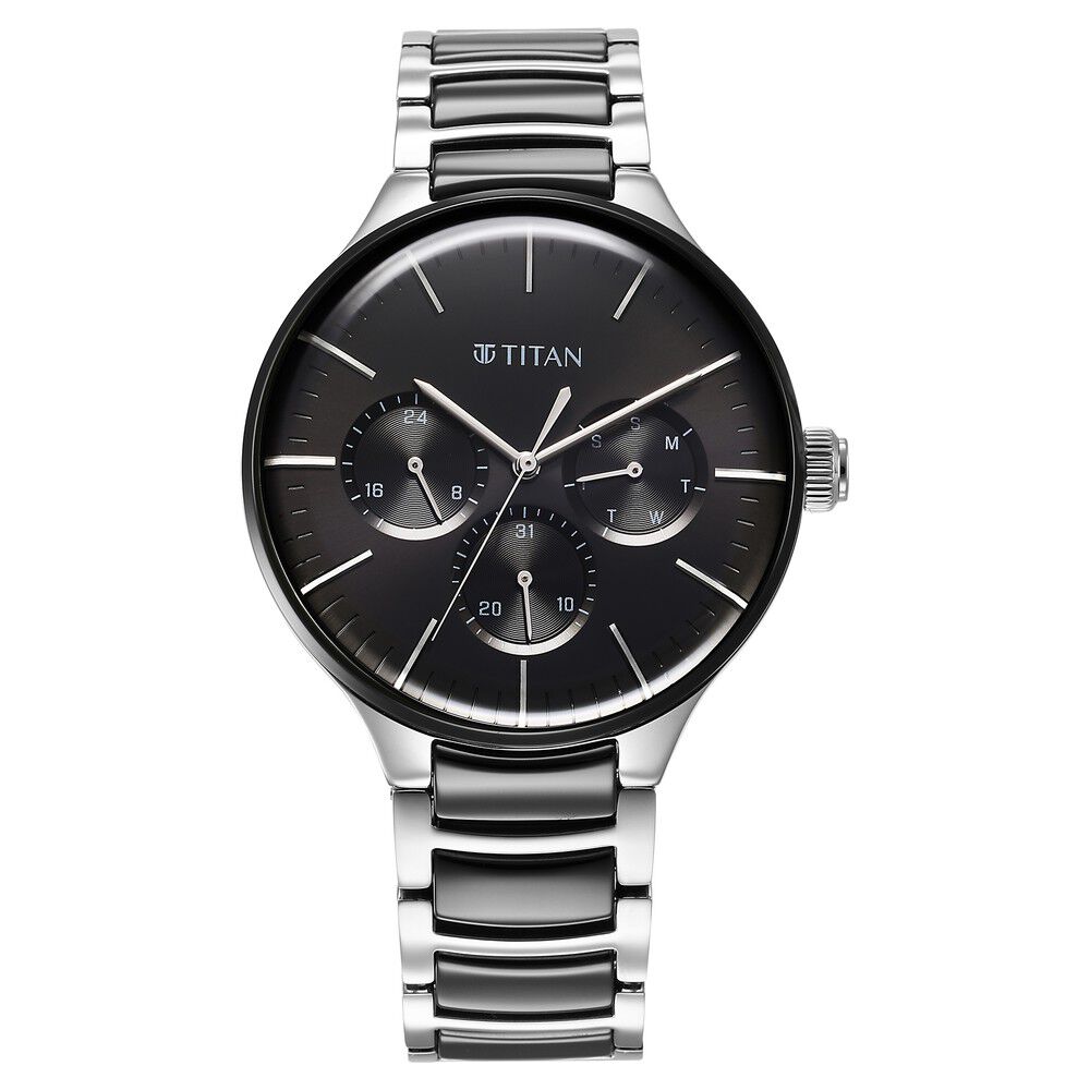 Titan Ceramic Fusion Quartz Multifunction Black Dial Silver Dual - Toned Stainless Steel Bracelet Watch for Men - The Watch Factory ®