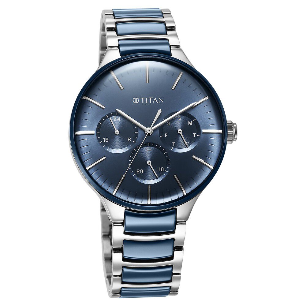 Titan Ceramic Fusion Quartz Multifunction Blue Dial Silver Dual - Toned Stainless Steel Bracelet Watch for Men - The Watch Factory ®