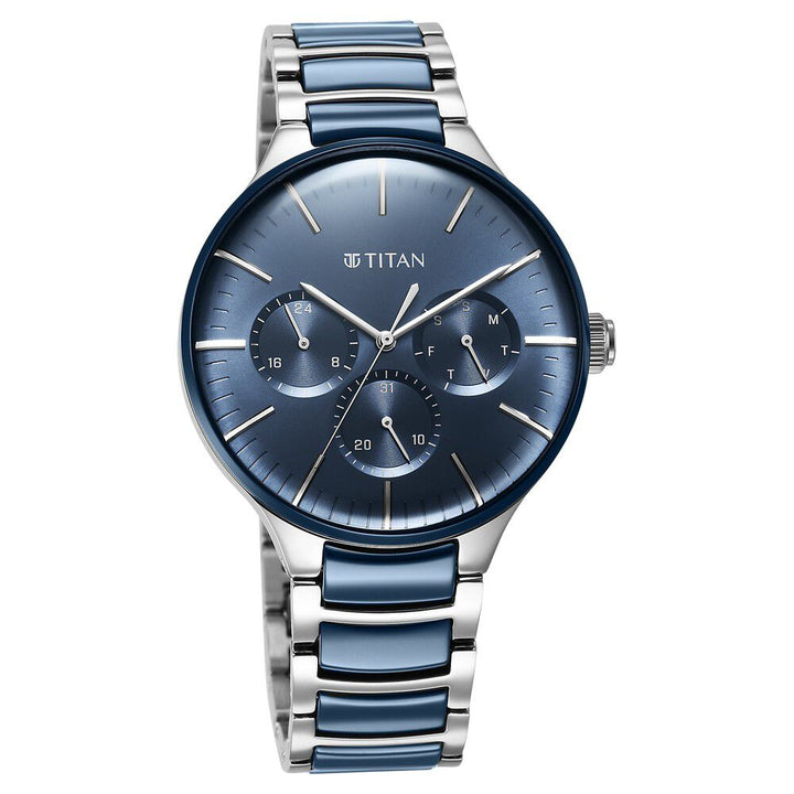 Titan Ceramic Fusion Quartz Multifunction Blue Dial Silver Dual - Toned Stainless Steel Bracelet Watch for Men - The Watch Factory ®