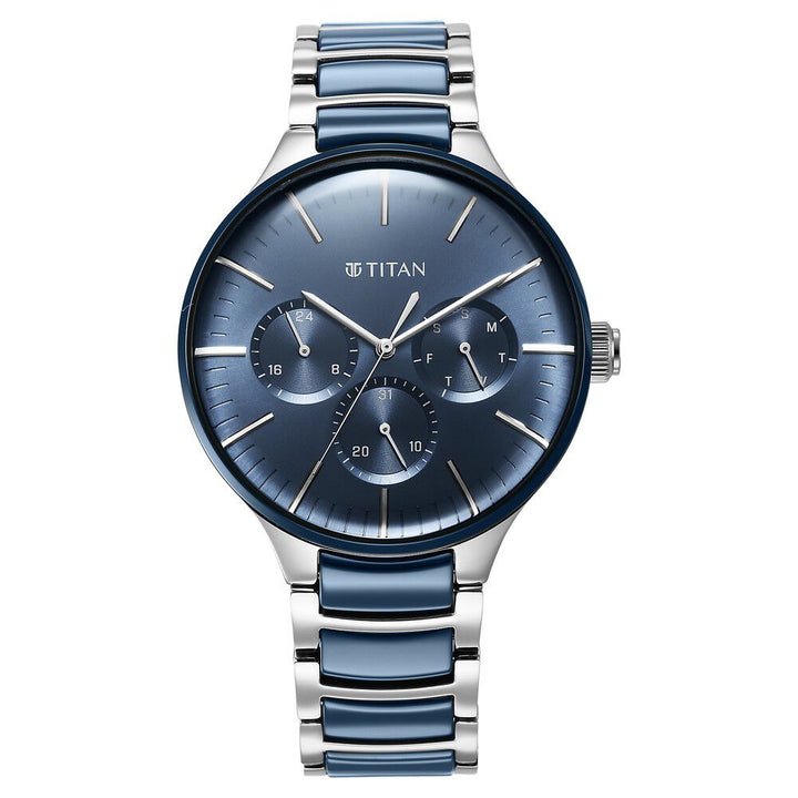 Titan Ceramic Fusion Quartz Multifunction Blue Dial Silver Dual - Toned Stainless Steel Bracelet Watch for Men - The Watch Factory ®