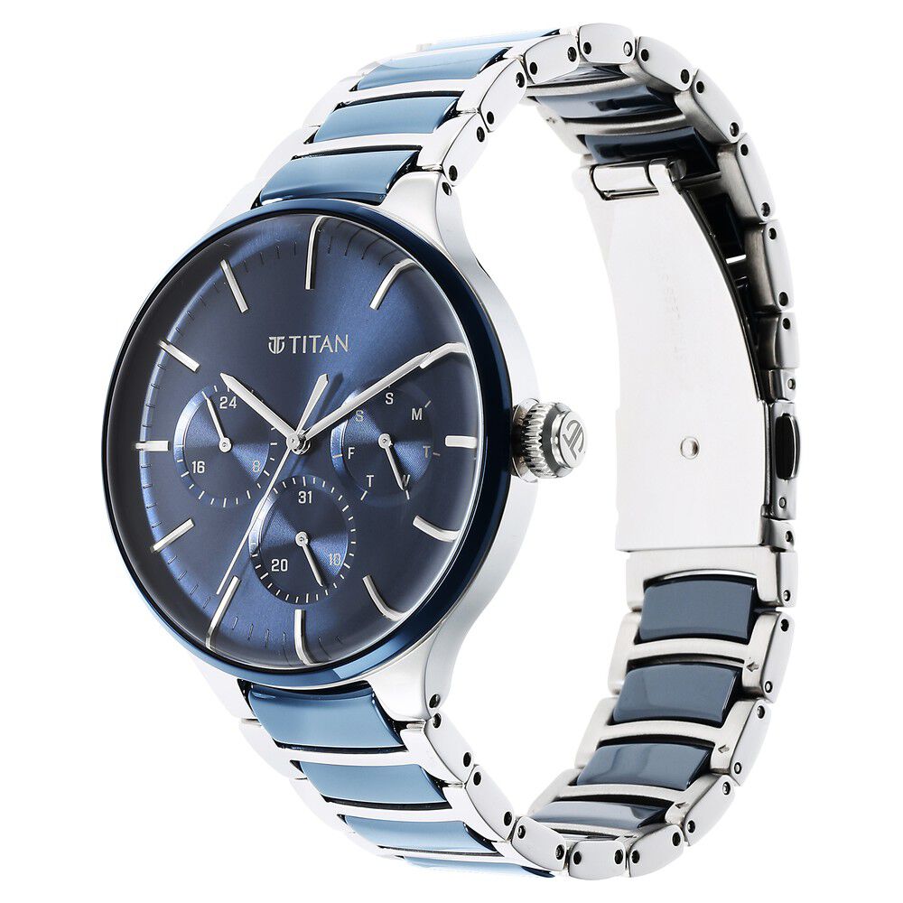 Titan Ceramic Fusion Quartz Multifunction Blue Dial Silver Dual - Toned Stainless Steel Bracelet Watch for Men - The Watch Factory ®