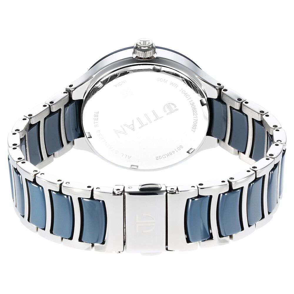Titan Ceramic Fusion Quartz Multifunction Blue Dial Silver Dual - Toned Stainless Steel Bracelet Watch for Men - The Watch Factory ®