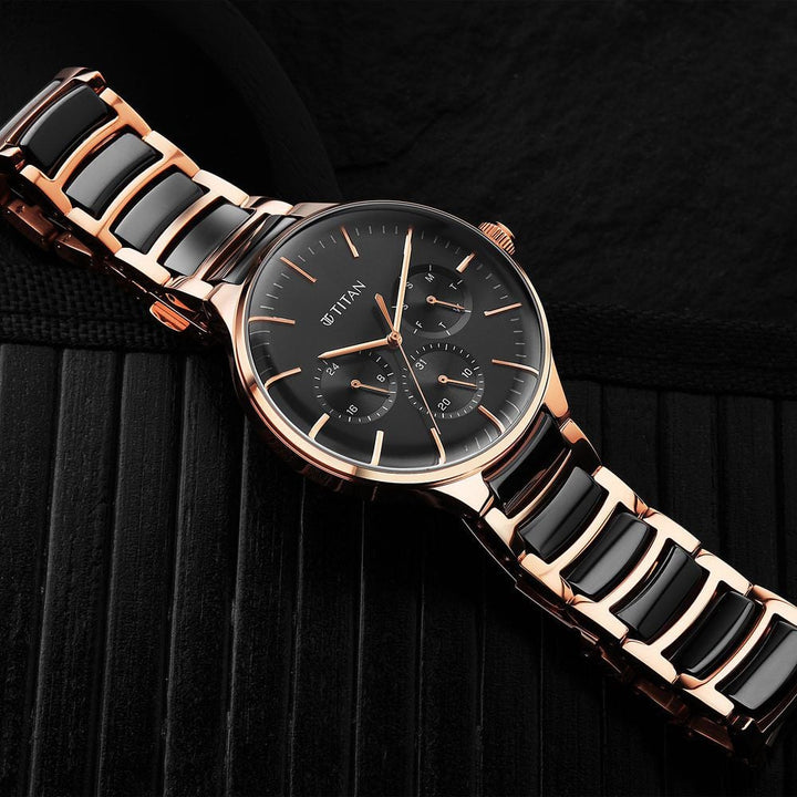 Titan Ceramic Fusion Quartz Multifunction Black Dial Rose Gold Dual-Toned Stainless Steel Bracelet Watch for Men NS90148KD03