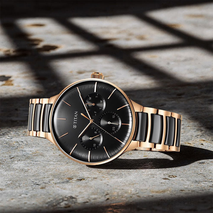 Titan Ceramic Fusion Quartz Multifunction Black Dial Rose Gold Dual-Toned Stainless Steel Bracelet Watch for Men-NT90148KD03
