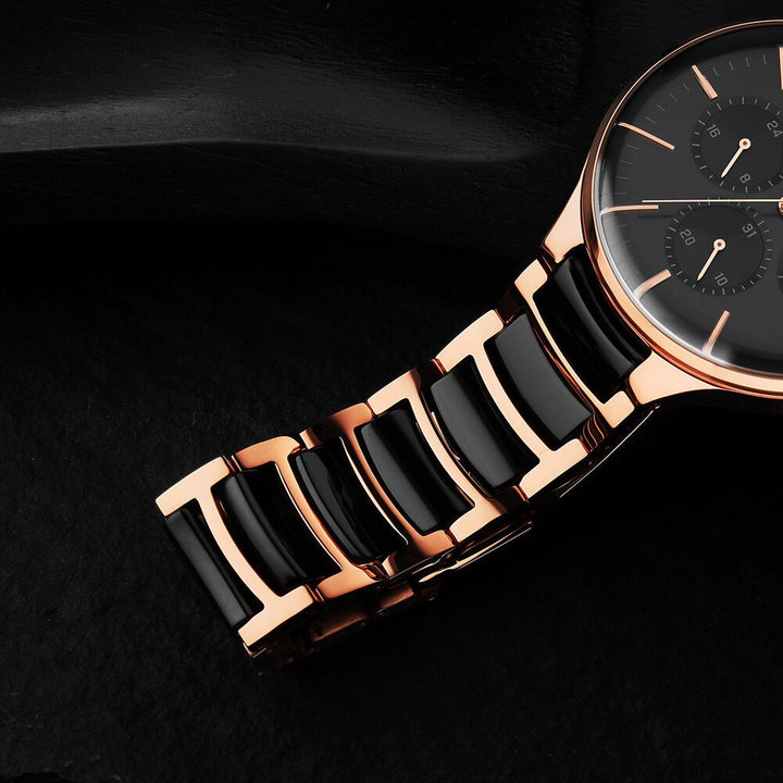 Titan Ceramic Fusion Quartz Multifunction Black Dial Rose Gold Dual-Toned Stainless Steel Bracelet Watch for Men NS90148KD03