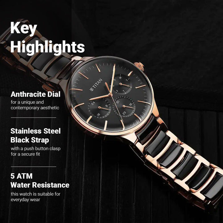 Titan Ceramic Fusion Quartz Multifunction Black Dial Rose Gold Dual-Toned Stainless Steel Bracelet Watch for Men-NT90148KD03
