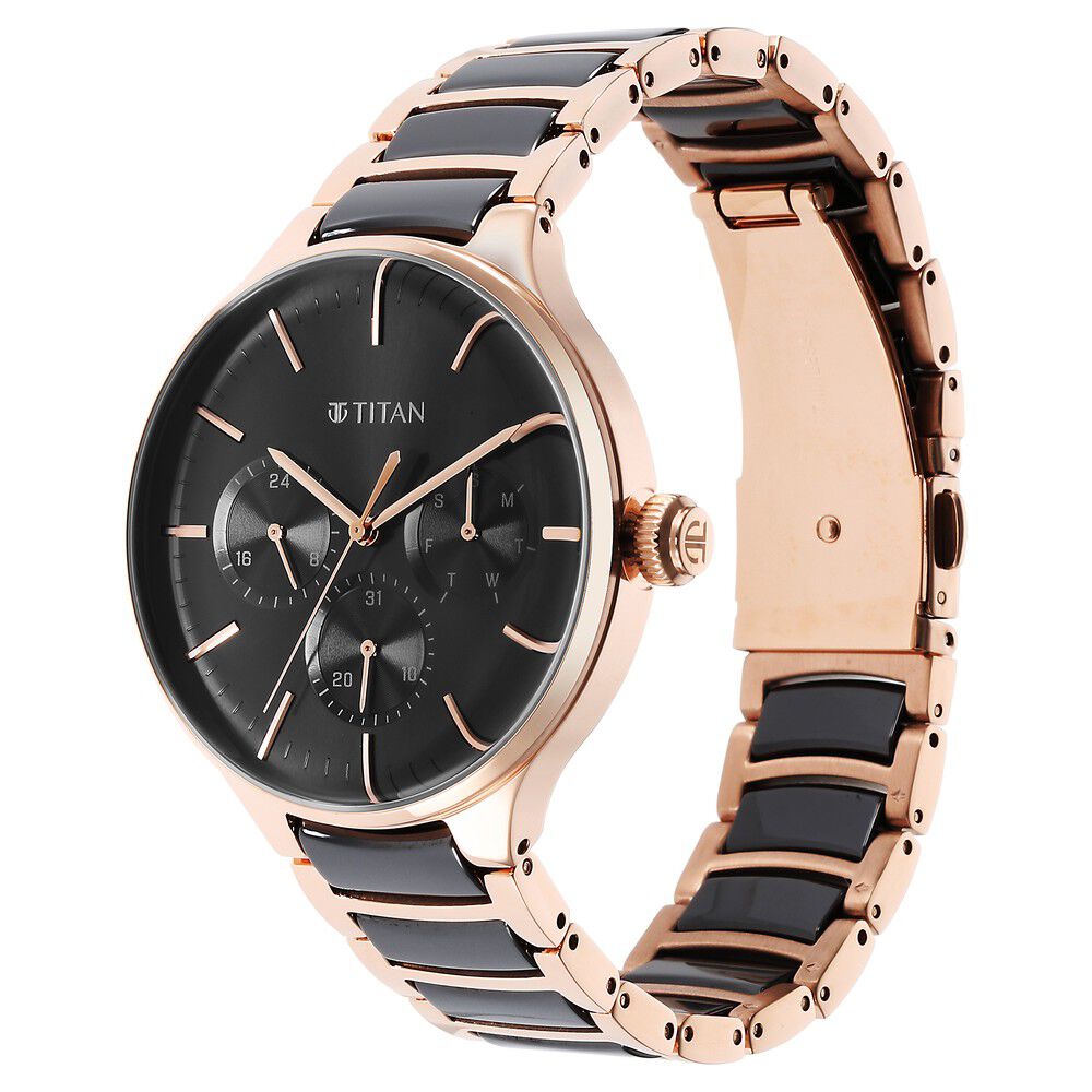 Titan Ceramic Fusion Quartz Multifunction Black Dial Rose Gold Dual-Toned Stainless Steel Bracelet Watch for Men NS90148KD03