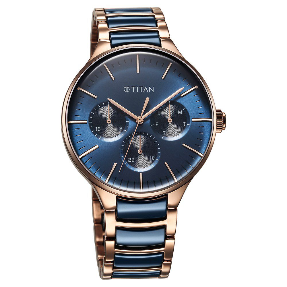 Titan Ceramic Fusion Quartz Multifunction Blue Dial With Two Toned Color Stainless Steel Strap Watch For Men 90148KD04