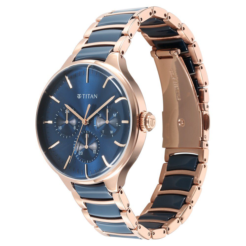 Titan Ceramic Fusion Quartz Multifunction Blue Dial With Two Toned Color Stainless Steel Strap Watch For Men 90148KD04
