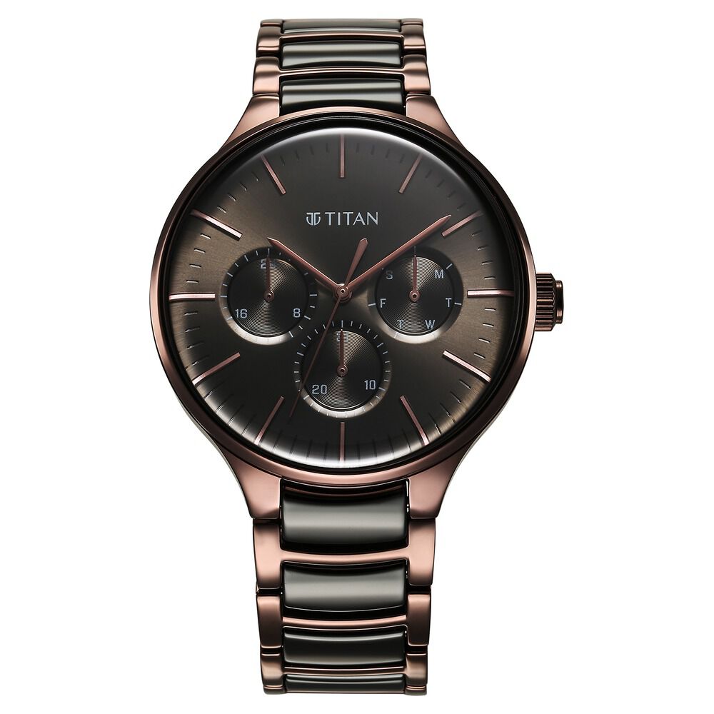 Titan Ceramic Fusion Quartz Multifunction Black Dial With Two Toned Color Stainless Steel Strap Watch For Men 90148KD05