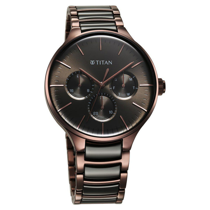 Titan Ceramic Fusion Quartz Multifunction Black Dial With Two Toned Color Stainless Steel Strap Watch For Men 90148KD05