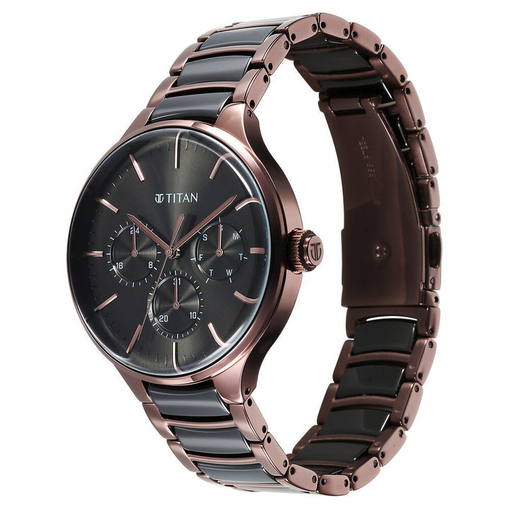 Titan Ceramic Fusion Quartz Multifunction Black Dial With Two Toned Color Stainless Steel Strap Watch For Men 90148KD05