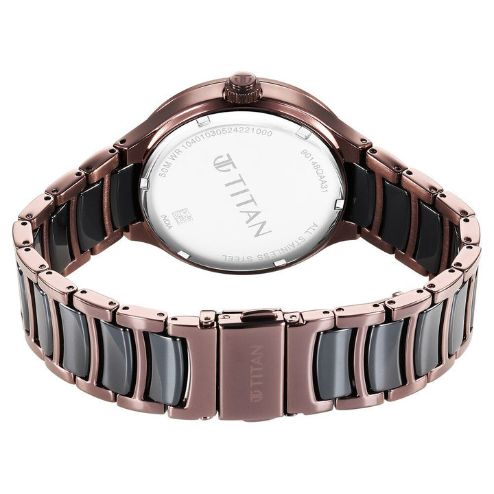 Titan Ceramic Fusion Quartz Multifunction Black Dial With Two Toned Color Stainless Steel Strap Watch For Men 90148KD05
