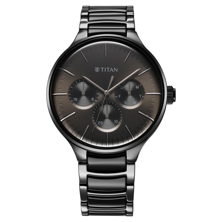 Titan Ceramic Fusion Quartz Multifunction Black Dial With Two Toned Color Stainless Steel Strap Watch For Men 90148KD06