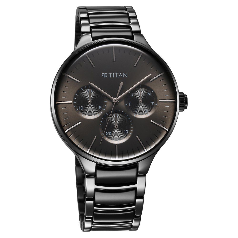 Titan Ceramic Fusion Quartz Multifunction Black Dial With Two Toned Color Stainless Steel Strap Watch For Men 90148KD06