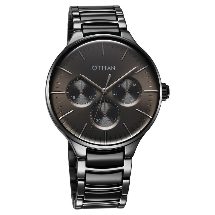 Titan Ceramic Fusion Multifunction Black Round Dial Two Toned Stainless Steel Strap Watch For Men - The Watch Factory ®