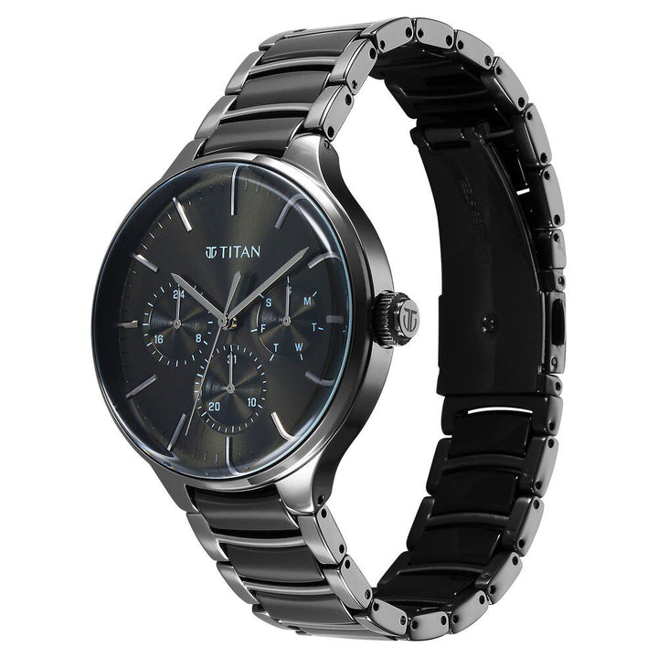 Titan Ceramic Fusion Quartz Multifunction Black Dial With Two Toned Color Stainless Steel Strap Watch For Men 90148KD06
