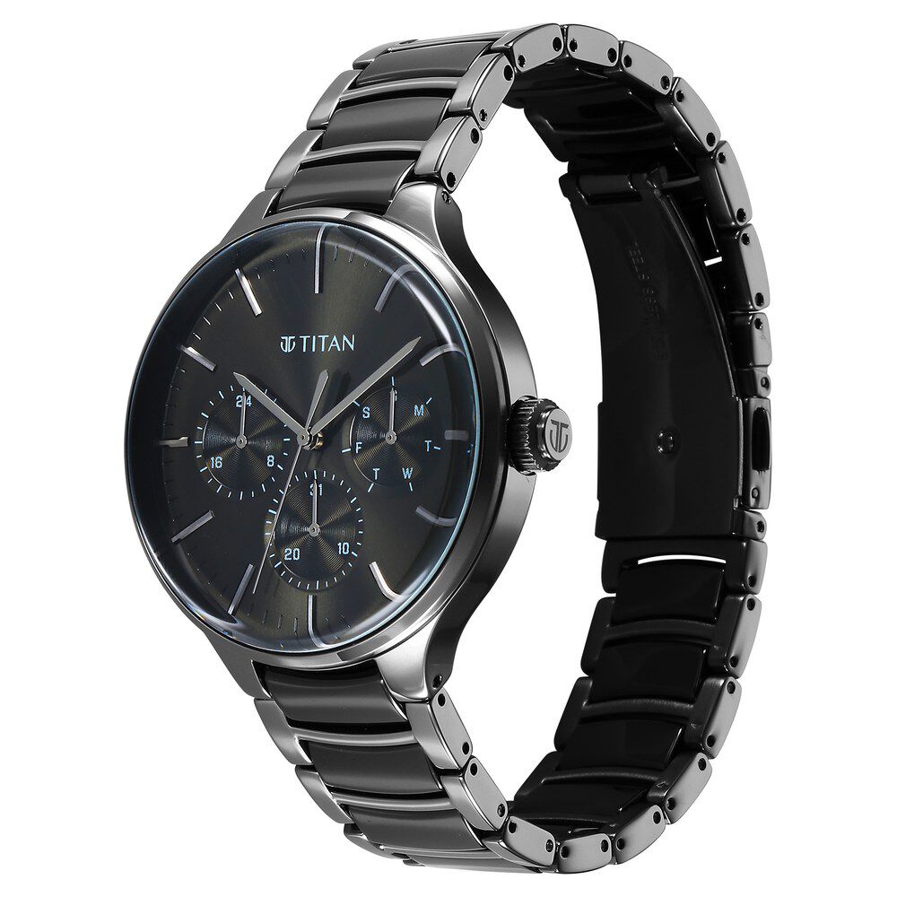 Titan Ceramic Fusion Multifunction Black Round Dial Two Toned Stainless Steel Strap Watch For Men - The Watch Factory ®