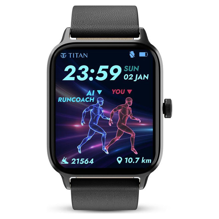 Titan Traveller With 4.52 Cm AMOLED Display, BT Calling, India's First FitVerse Smartwatch With Black Leather Strap