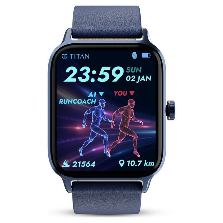 Titan Traveller With 4.52 Cm AMOLED Display, BT Calling, India's First FitVerse Smartwatch With Blue Leather Strap