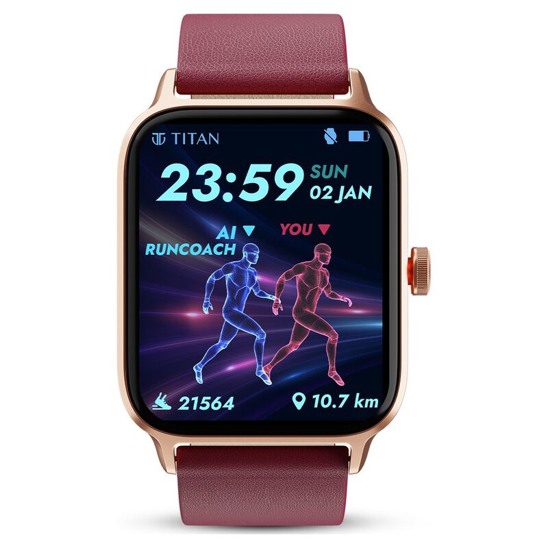 Titan Traveller With 4.52 Cm AMOLED Display, BT Calling, India's First FitVerse Smartwatch With Wine Red Leather Strap