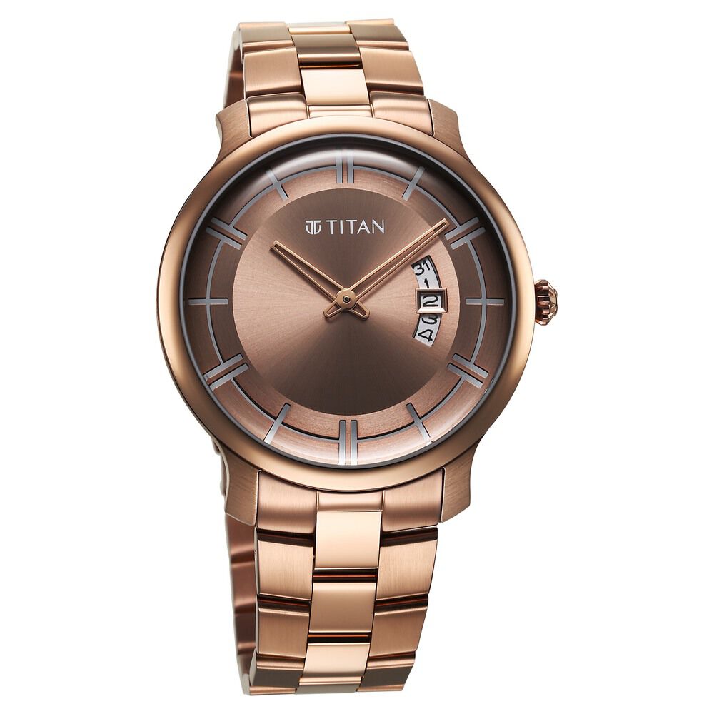Titan Clasique Slim Quartz Analog with Date Coffee Brown Dial Stainless Steel Strap Watch For Men 90170QM02