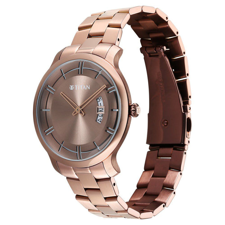 Titan Clasique Slim Quartz Analog with Date Coffee Brown Dial Stainless Steel Strap Watch For Men - The Watch Factory ®