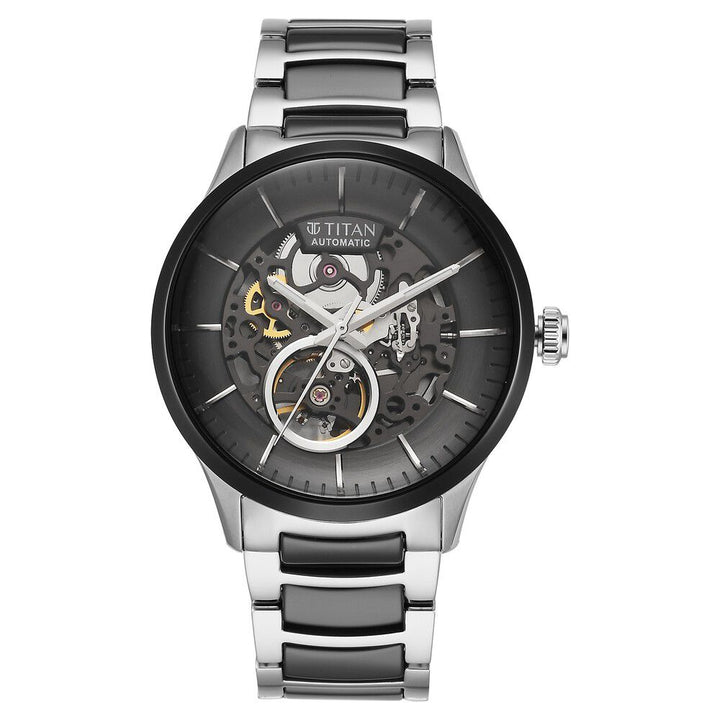Titan Ceramic Fusion Automatic Black Dial Silver Dual - Toned Stainless Steel Bracelet Watch for Men - The Watch Factory ®
