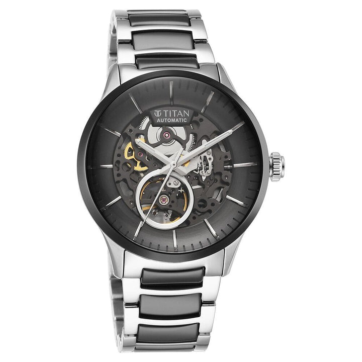 Titan Ceramic Fusion Automatic Black Dial Silver Dual - Toned Stainless Steel Bracelet Watch for Men - The Watch Factory ®