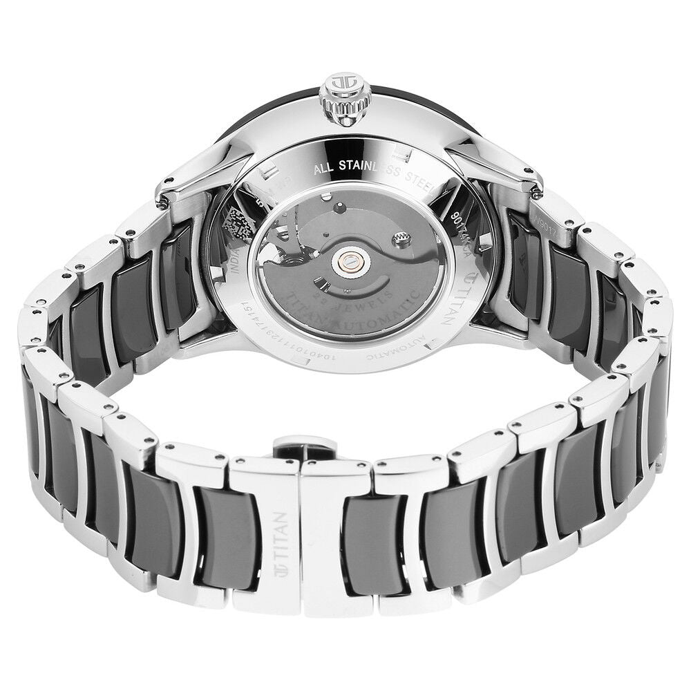 Titan Ceramic Fusion Automatic Black Dial Silver Dual - Toned Stainless Steel Bracelet Watch for Men - The Watch Factory ®