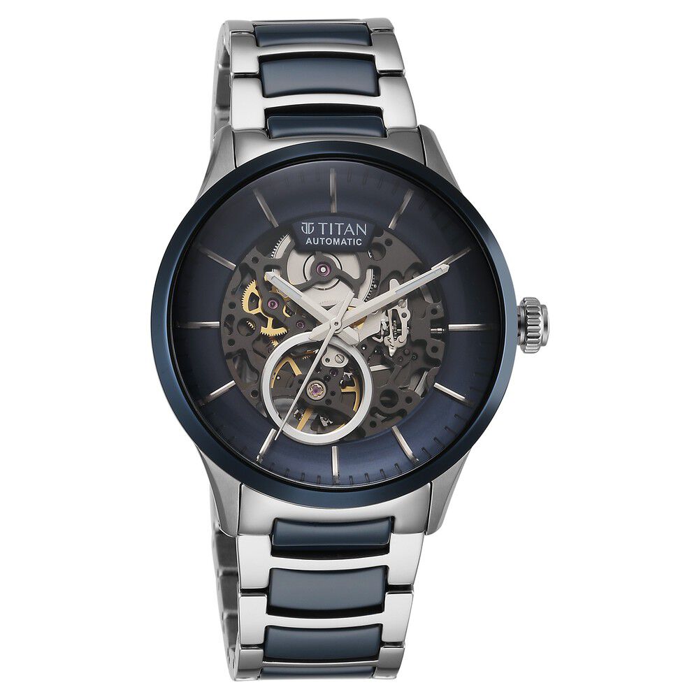 Titan Ceramic Fusion Automatic Blue Dial Silver Dual - Toned Stainless Steel Bracelet Watch for Men - The Watch Factory ®