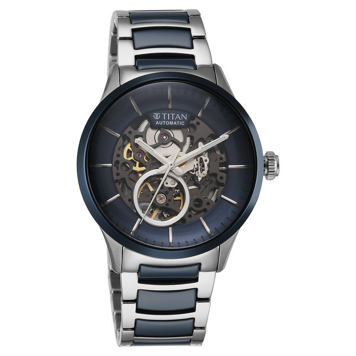 Titan Ceramic Fusion Automatic Blue Dial Silver Dual - Toned Stainless Steel Bracelet Watch for Men - The Watch Factory ®
