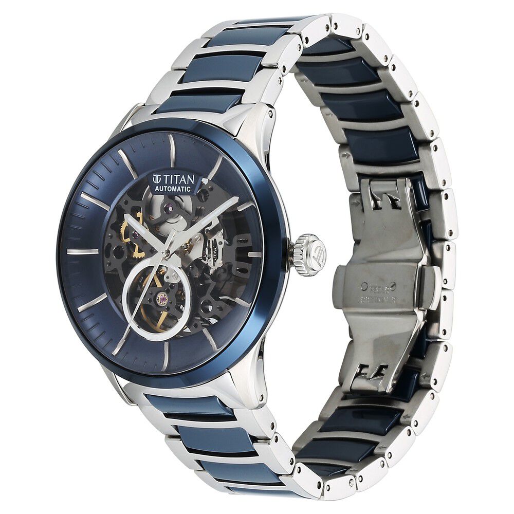 Titan Ceramic Fusion Automatic Blue Dial Silver Dual - Toned Stainless Steel Bracelet Watch for Men - The Watch Factory ®