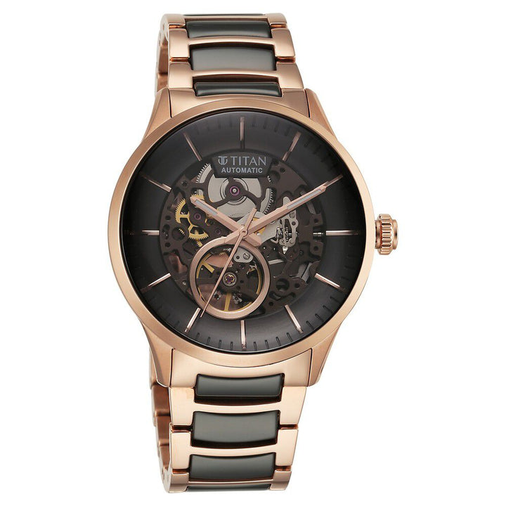 Titan Ceramic Fusion Automatic Black Dial Rose Gold Dual - Toned Stainless Steel Bracelet Watch for Men - The Watch Factory ®