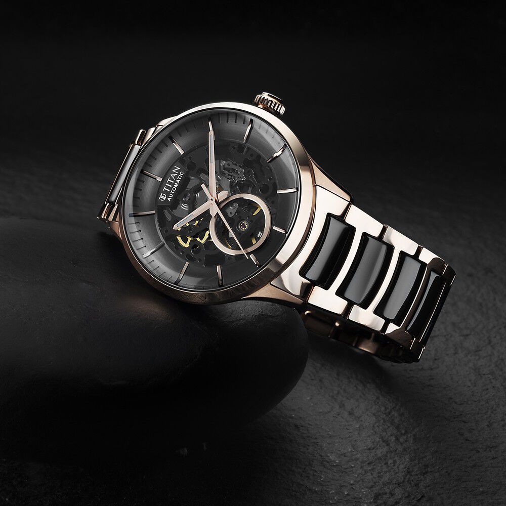 Titan Ceramic Fusion Automatic Black Dial Rose Gold Dual - Toned Stainless Steel Bracelet Watch for Men - The Watch Factory ®
