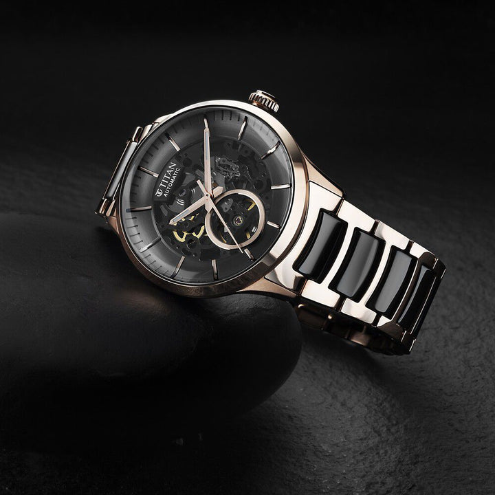 Titan Ceramic Fusion Automatic Black Dial Rose Gold Dual - Toned Stainless Steel Bracelet Watch for Men - The Watch Factory ®