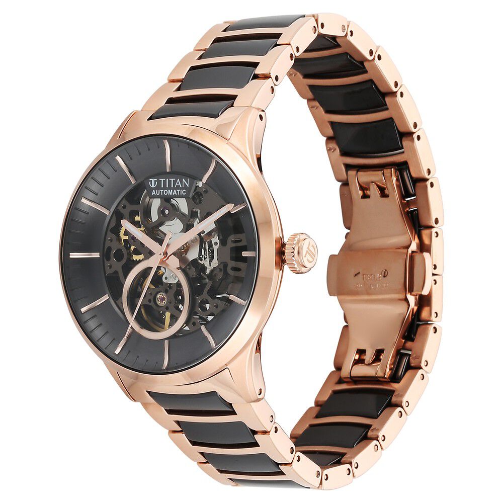 Titan Ceramic Fusion Automatic Black Dial Rose Gold Dual - Toned Stainless Steel Bracelet Watch for Men - The Watch Factory ®