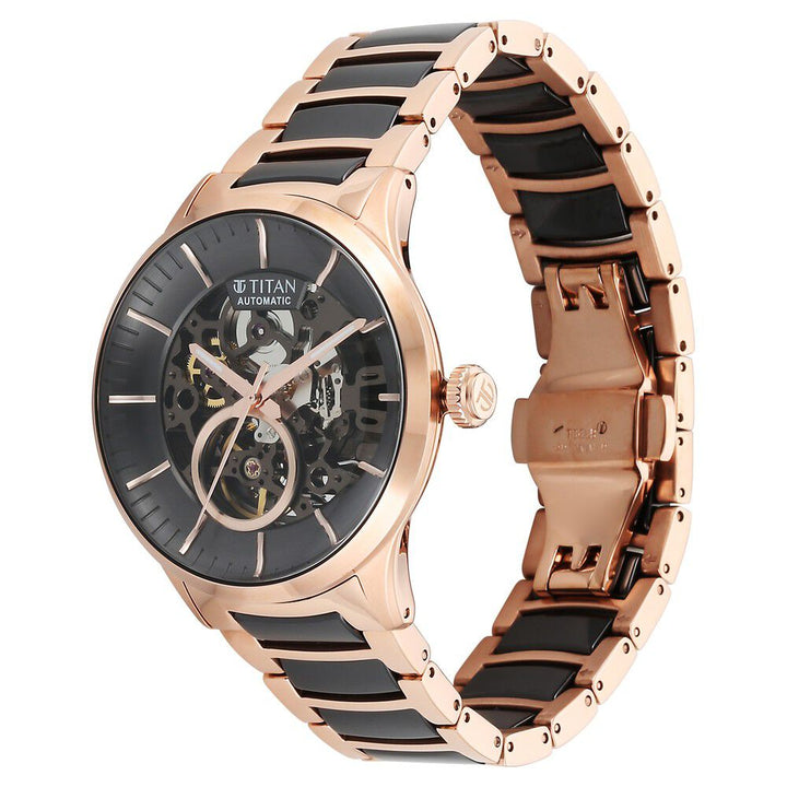 Titan Ceramic Fusion Automatic Black Dial Rose Gold Dual - Toned Stainless Steel Bracelet Watch for Men - The Watch Factory ®