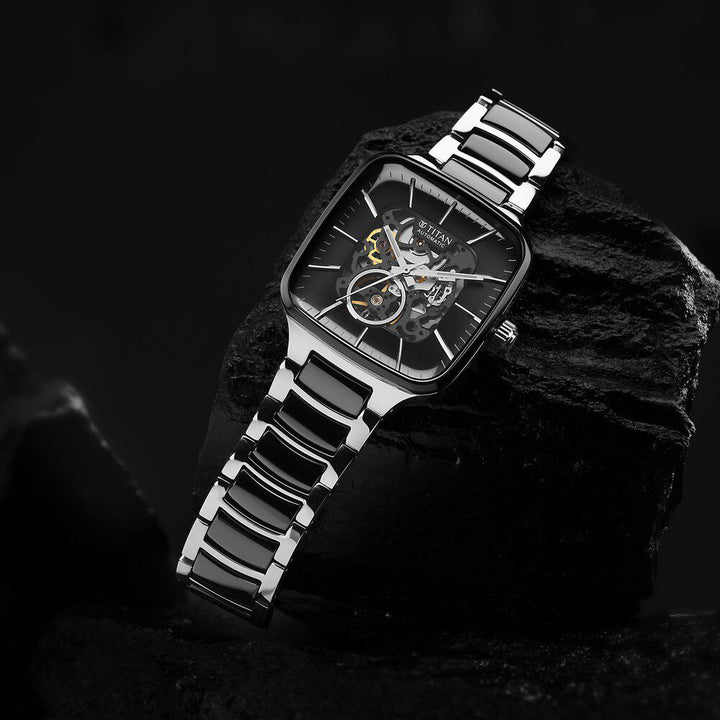 Titan Ceramic Fusion Automatic Square Black Dial Silver Dual-Toned Stainless Steel Bracelet Watch for Men 90175KD01