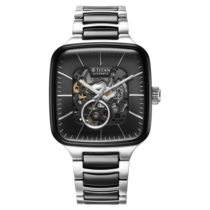 Titan Ceramic Fusion Automatic Square Black Dial Silver Dual-Toned Stainless Steel Bracelet Watch for Men 90175KD01
