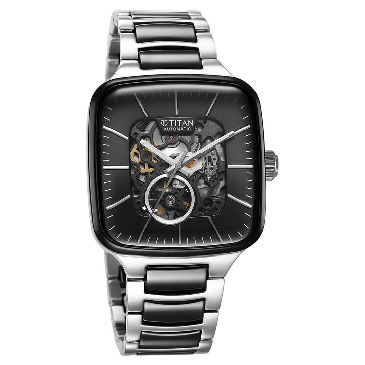 Titan Ceramic Fusion Automatic Square Black Dial Silver Dual-Toned Stainless Steel Bracelet Watch for Men 90175KD01