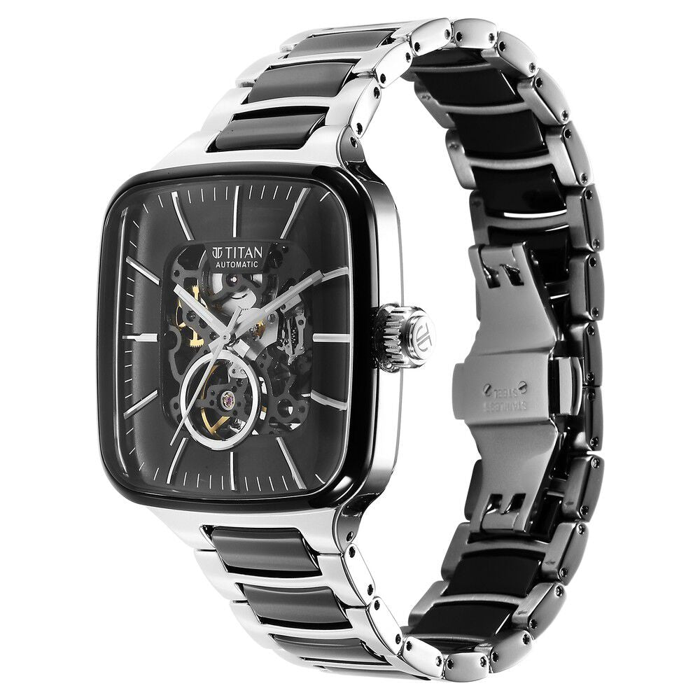 Titan Ceramic Fusion Automatic Square Black Dial Silver Dual-Toned Stainless Steel Bracelet Watch for Men 90175KD01