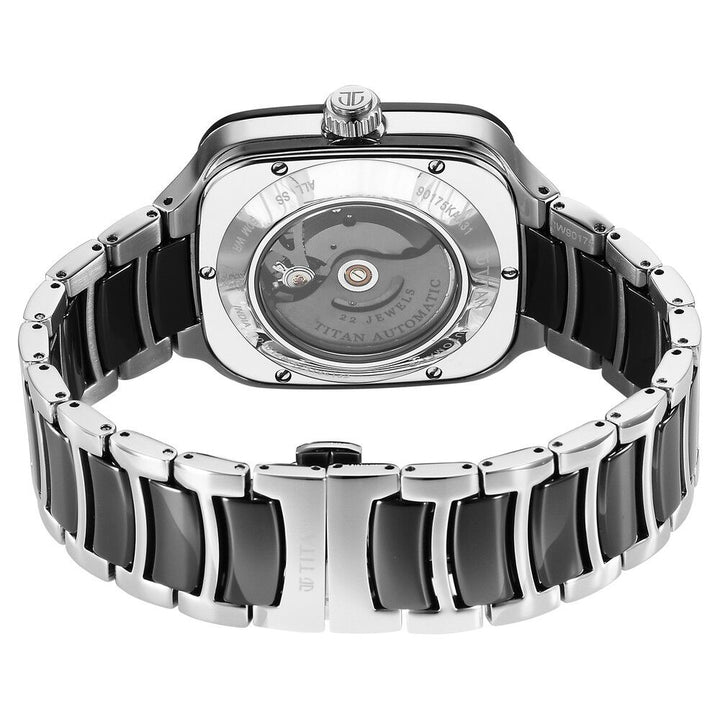 Titan Ceramic Fusion Automatic Square Black Dial Silver Dual-Toned Stainless Steel Bracelet Watch for Men 90175KD01