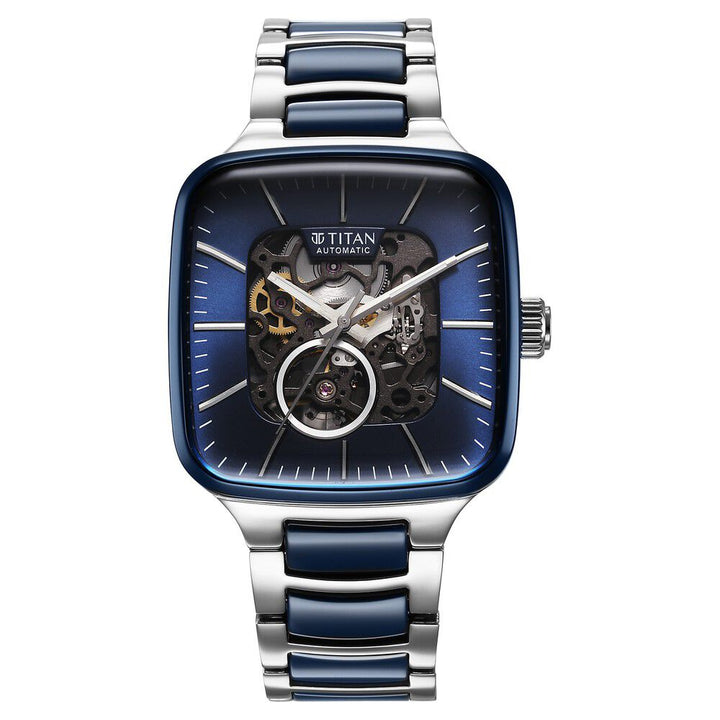 Titan Ceramic Fusion Automatic Square Blue Dial Silver Dual-Toned Stainless Steel Bracelet Watch for Men 90175KD02