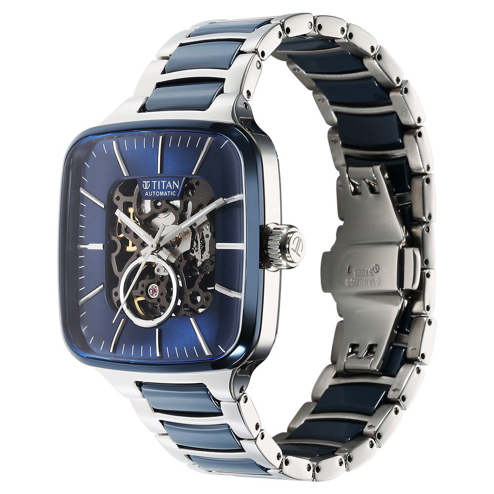 Titan Ceramic Fusion Automatic Square Blue Dial Silver Dual-Toned Stainless Steel Bracelet Watch for Men 90175KD02